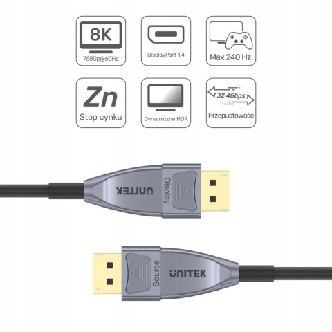 Unitek kabel optyczny DisplayPort 1.4 AOC 8K 15m